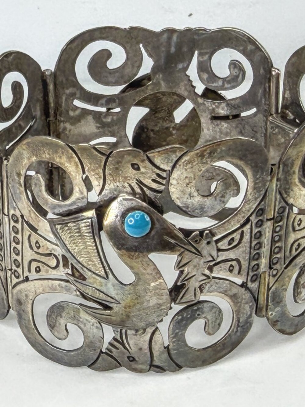 Vintage Mexico 925 Sterling Silver Turquoise Bird Panel Bracelet 63.9g JR2015